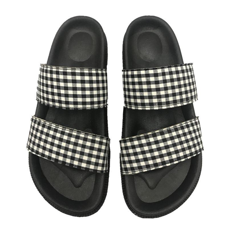 Checkered Black Pu Summer Flat Rubber Sandals