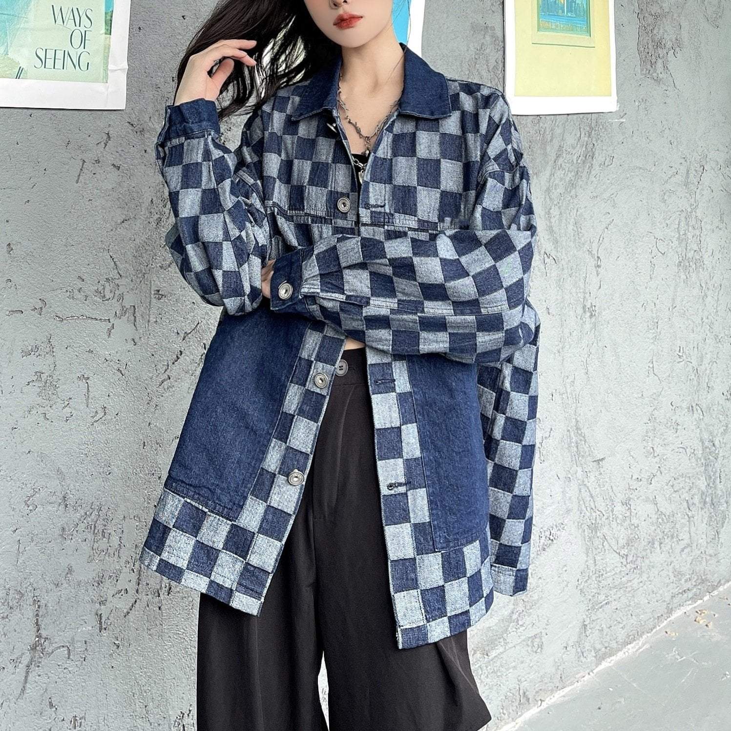 Checkered Blue Color Block Denim Loose Shirt Jacket