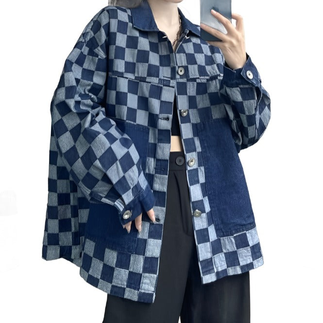 Checkered Blue Color Block Denim Loose Shirt Jacket