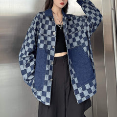 Checkered Blue Color Block Denim Loose Shirt Jacket