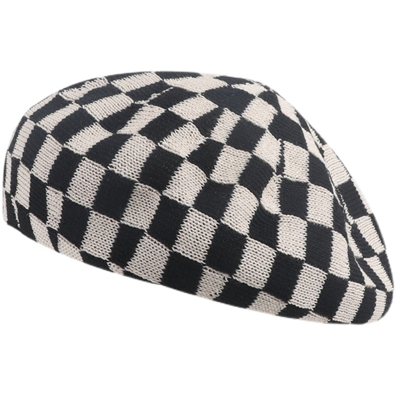 Checkered Monochrome Vintage Aesthetic Girl Knit Beret