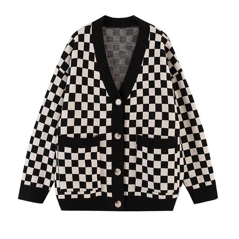 Checkered Plaid V-Neck Knitted Oversized Cardigan