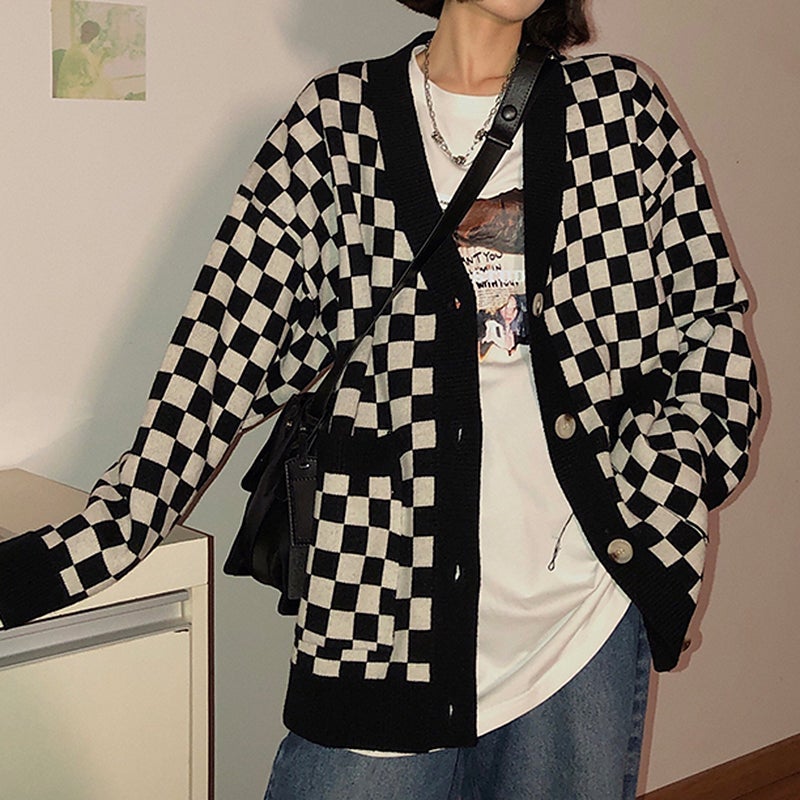 Checkered Plaid V-Neck Knitted Oversized Cardigan