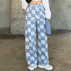 Checkered Plaid Washed High Waist Blue Loose Jeans