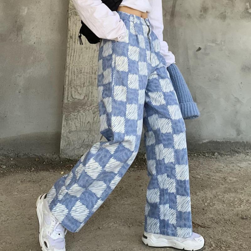 Checkered Plaid Washed High Waist Blue Loose Jeans