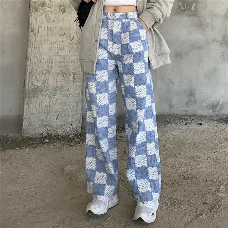 Checkered Plaid Washed High Waist Blue Loose Jeans