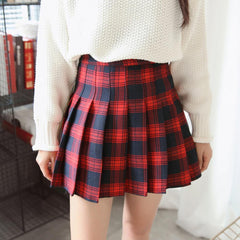 Checkered School Red White Plaid Pleated Above Knee Skirt