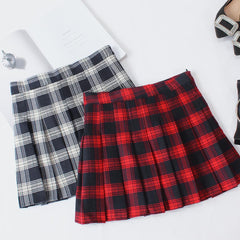 Checkered School Red White Plaid Pleated Above Knee Skirt