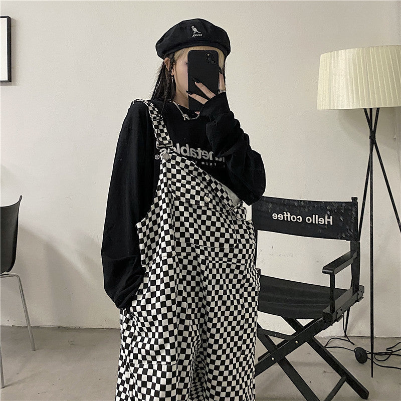 Checkered Skater Aesthetic Front Pocket Loose Overalls