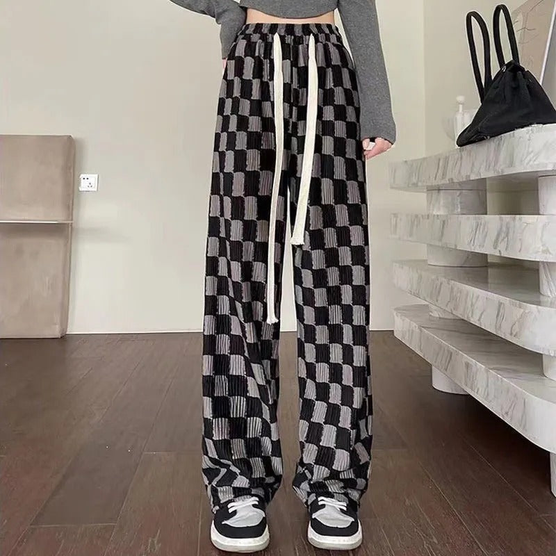 Checkered Skater Ribbed Loose Pants