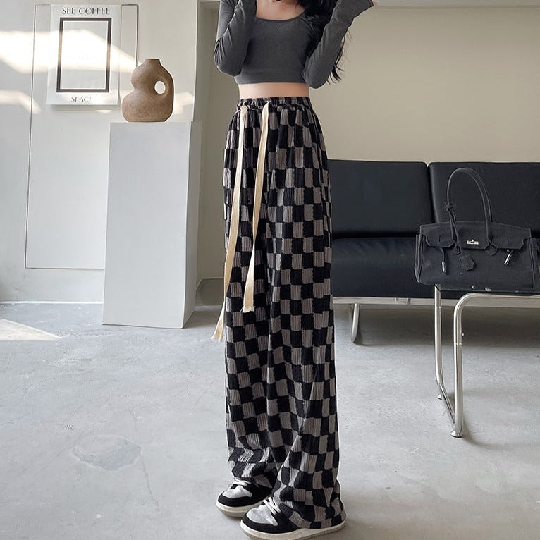 Checkered Skater Ribbed Loose Pants