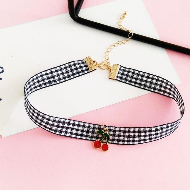 Cherry Plaid Tartan Choker Necklace