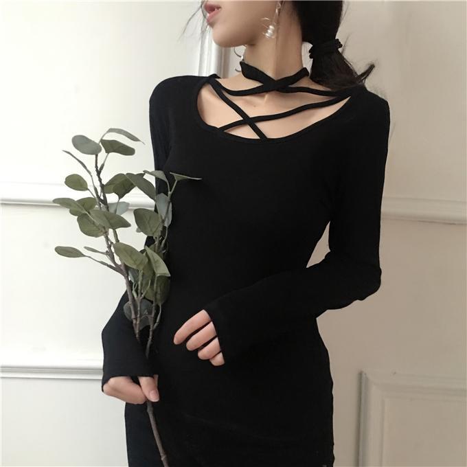 Chest Strappy Cotton Knit Black White Long Sleeve Blouse