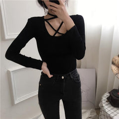 Chest Strappy Cotton Knit Black White Long Sleeve Blouse