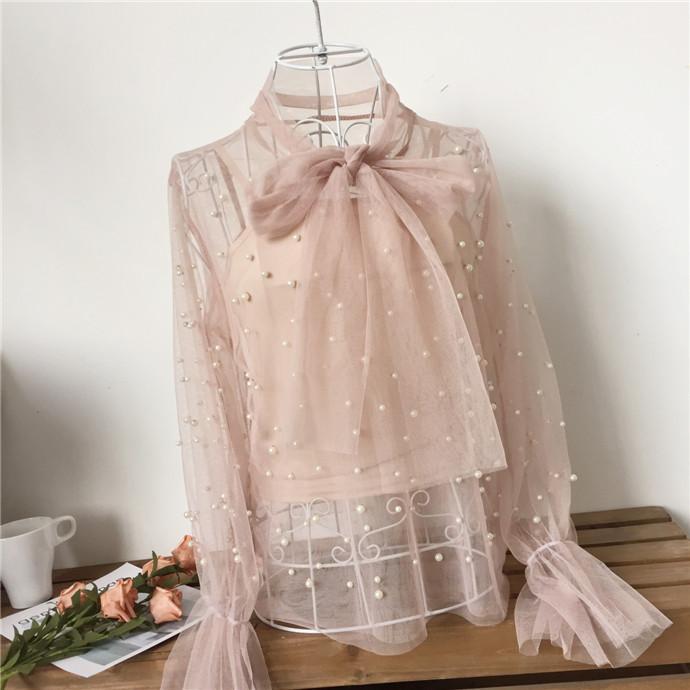 Chiffon Light Long Sleeve Neck Bow Pearls Beans Blouse