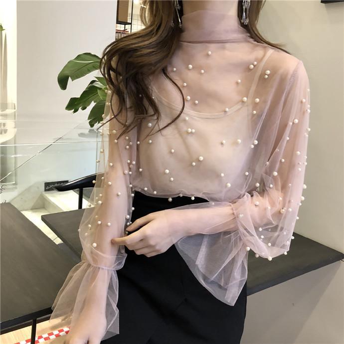 Chiffon Light Long Sleeve Neck Bow Pearls Beans Blouse