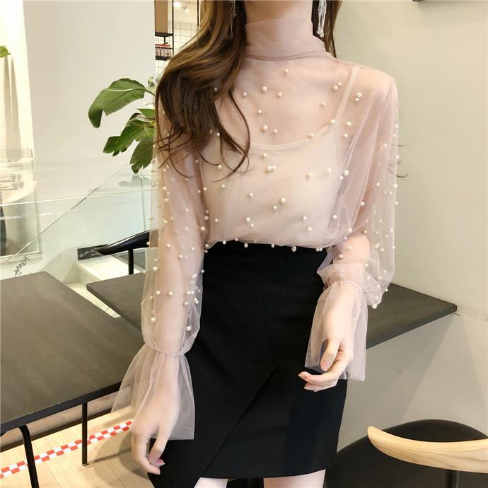 Chiffon Light Long Sleeve Neck Bow Pearls Beans Blouse