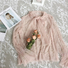 Chiffon Light Long Sleeve Neck Bow Pearls Beans Blouse