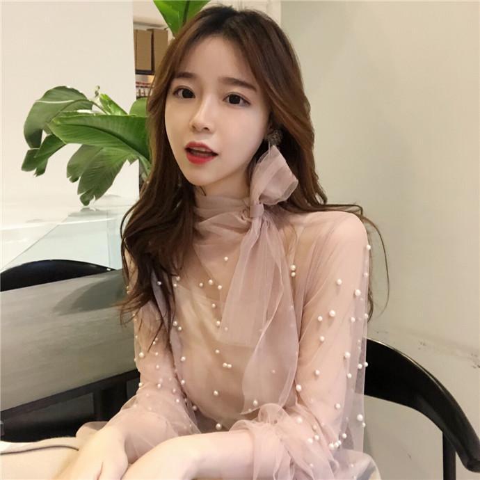 Chiffon Light Long Sleeve Neck Bow Pearls Beans Blouse