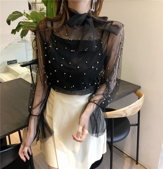 Chiffon Light Long Sleeve Neck Bow Pearls Beans Blouse