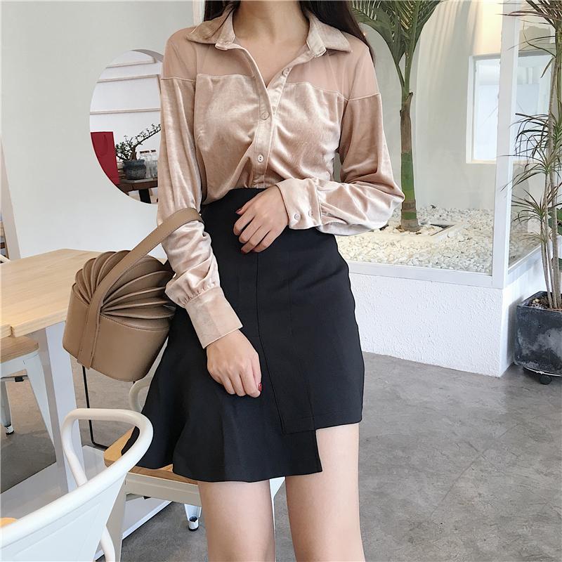 Chiffon Shoulders Velvet Collar Buttons Long Sleeve Blouse