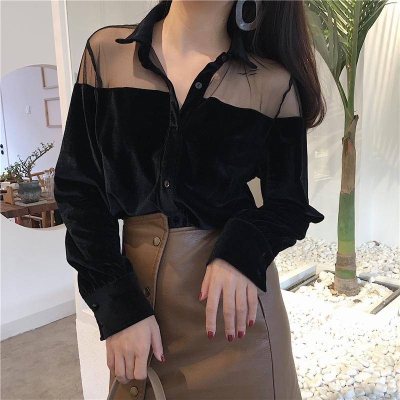 Chiffon Shoulders Velvet Collar Buttons Long Sleeve Blouse