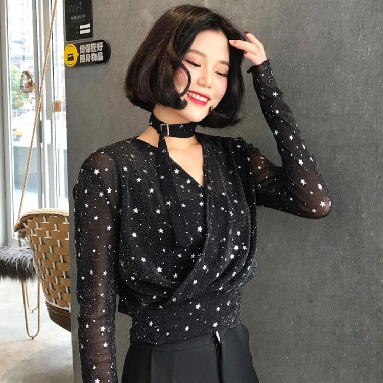 Chiffon Stars Choker Long Sleeve V Overwhelming Blouse