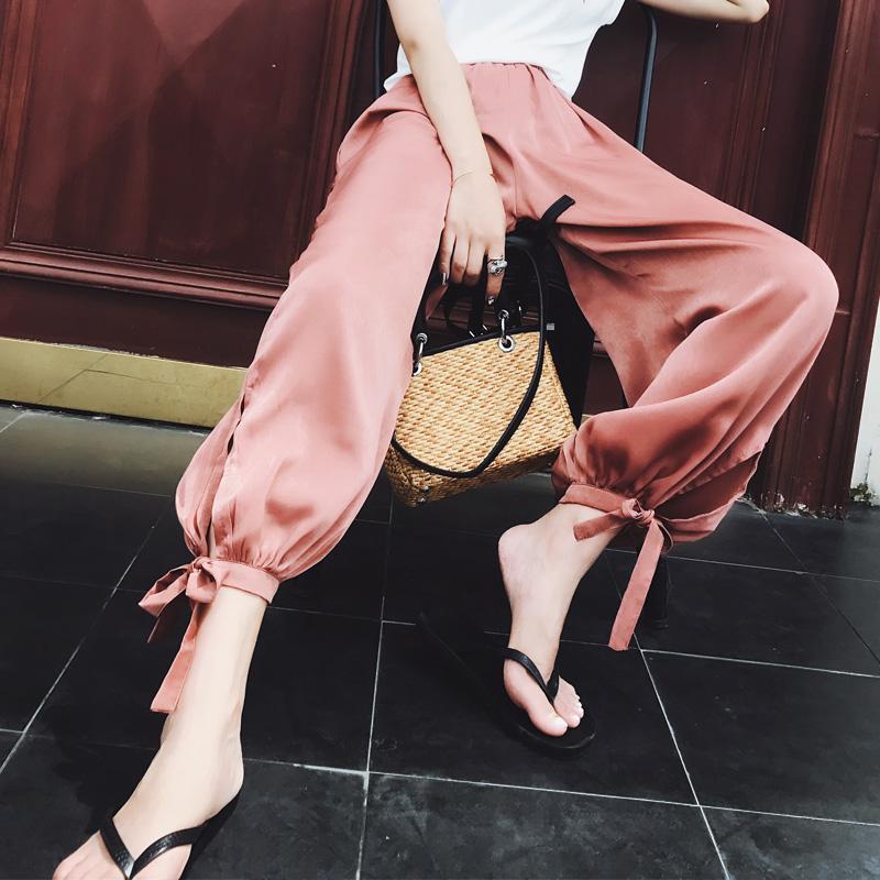 Chiffon Summer Light Pink Black Elegant Pants