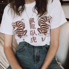 Chinese Tigers Print White Cotton T-Shirt