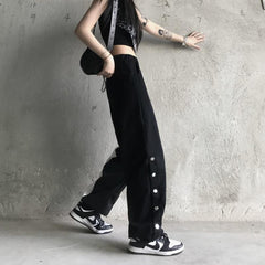 Color Block Black And White Side Buttons Pants