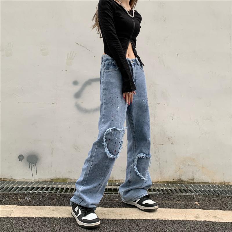 Color Splashes Heart Knee Fringe Loose Blue Denim Pants