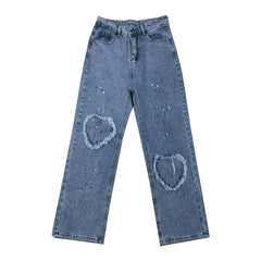 Color Splashes Heart Knee Fringe Loose Blue Denim Pants