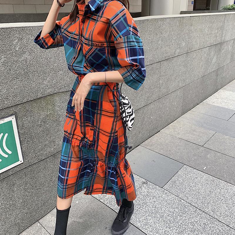 Colorful Aesthetic Plaid Shirt + Midi Irregular Skirt