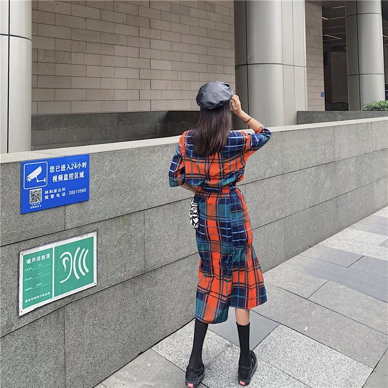 Colorful Aesthetic Plaid Shirt + Midi Irregular Skirt