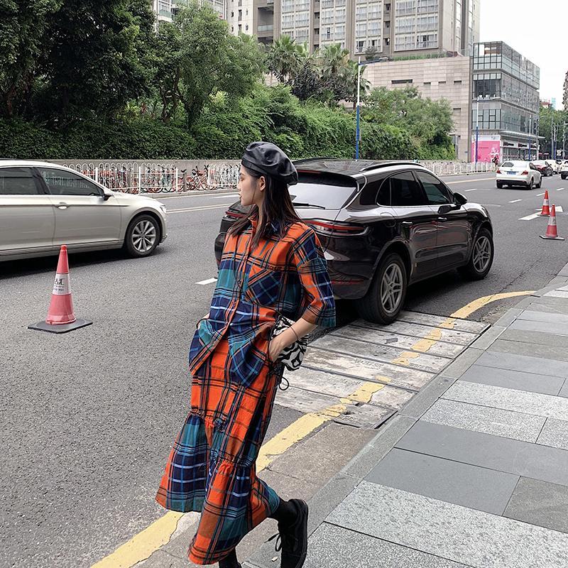 Colorful Aesthetic Plaid Shirt + Midi Irregular Skirt