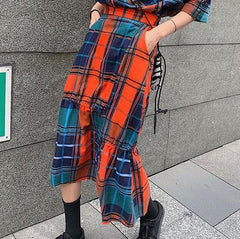 Colorful Aesthetic Plaid Shirt + Midi Irregular Skirt