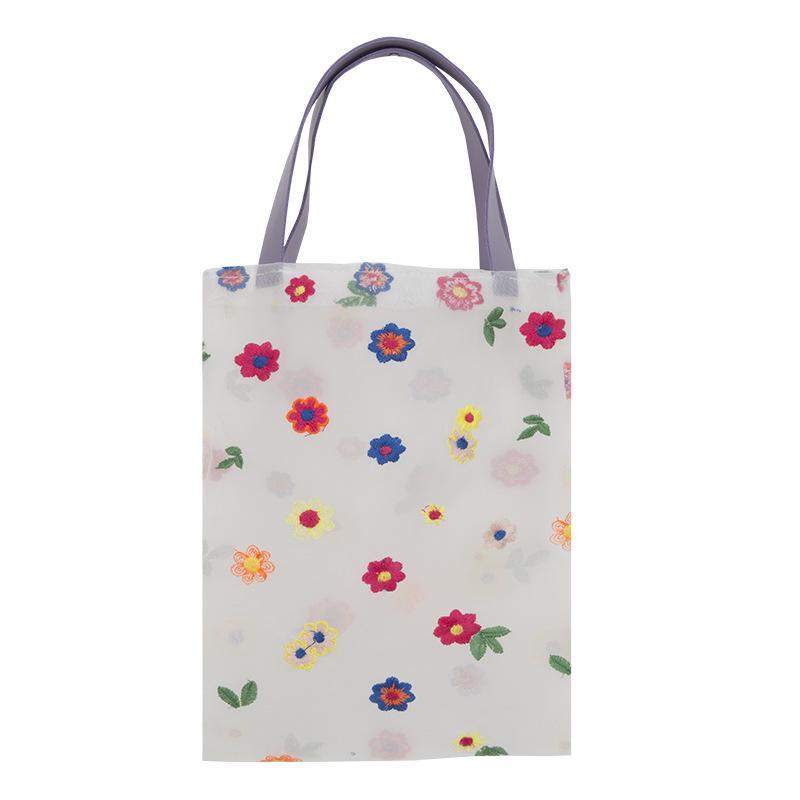 Colorful Embroidered Flowers Transparent Mesh Tote Bag