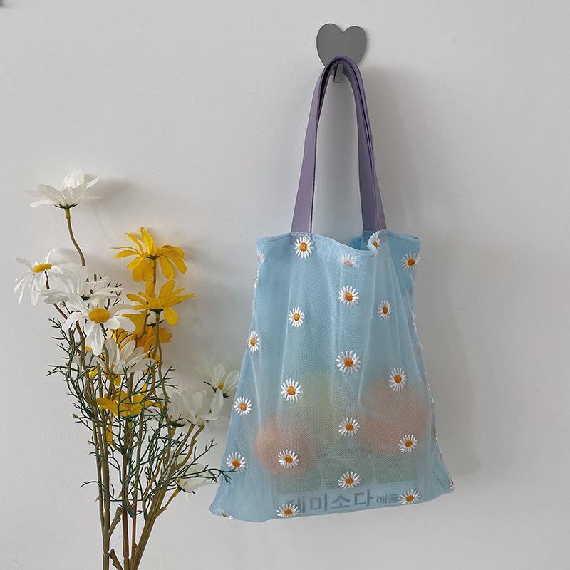 Colorful Embroidered Flowers Transparent Mesh Tote Bag