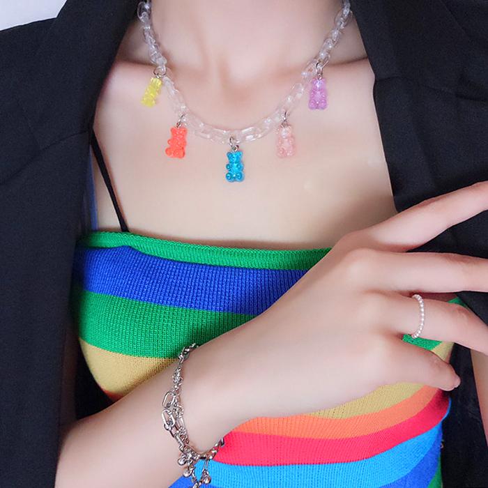 Colorful Jelly Candy Bear Transparent Acrylic Chain Necklace