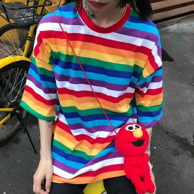 Colorful Rainbow Striped Round Neck Loose T-Shirt