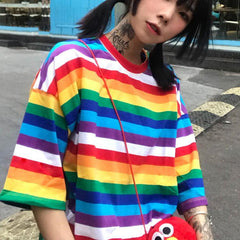 Colorful Rainbow Striped Round Neck Loose T-Shirt