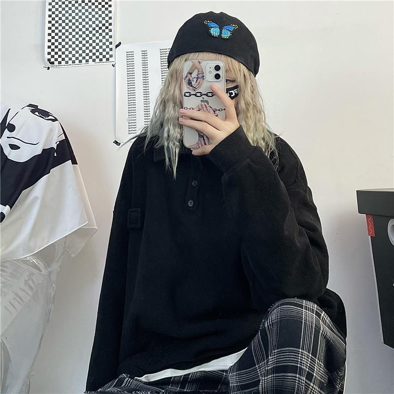 Comfy Ulzzang Fleece Polo Collar Loose Sweatshirt