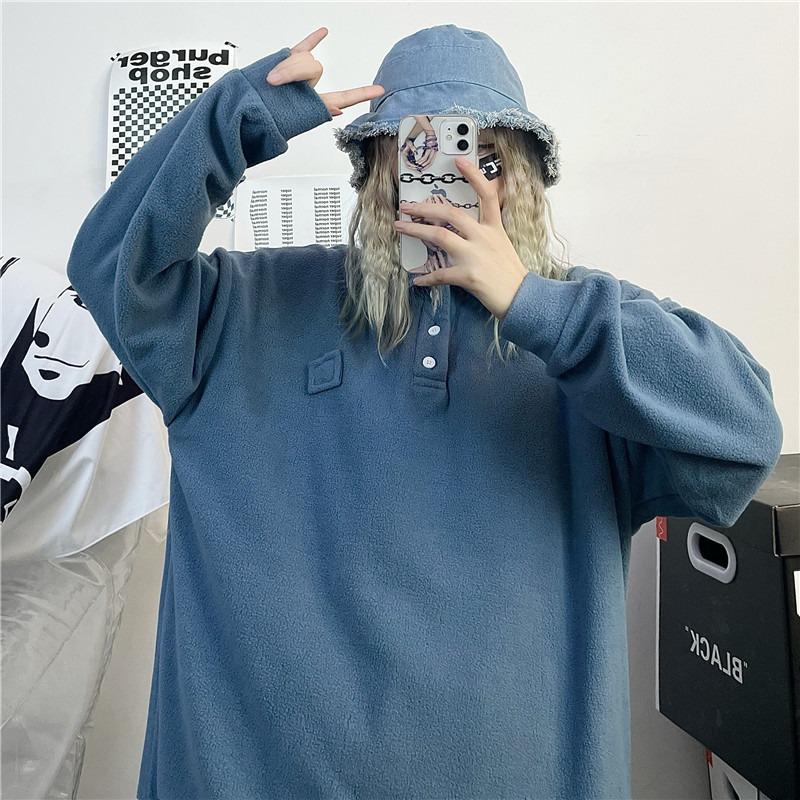 Comfy Ulzzang Fleece Polo Collar Loose Sweatshirt