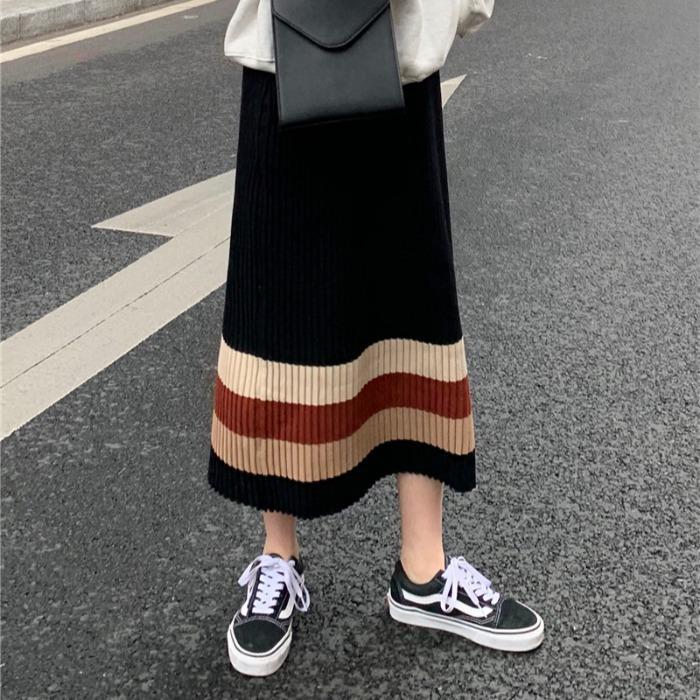 Contrast Stripes High Waist Long Ribbed Skirt