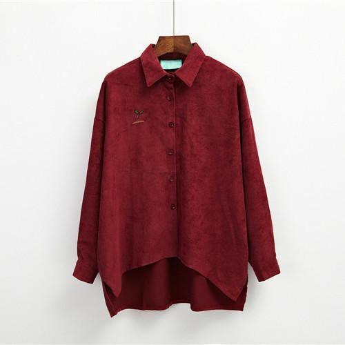 Corduroy Plant Embroidery Long Collar Shirt