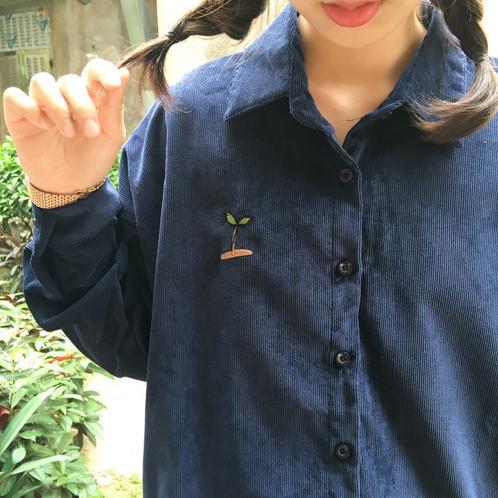 Corduroy Plant Embroidery Long Collar Shirt