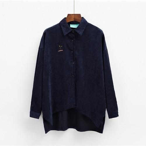 Corduroy Plant Embroidery Long Collar Shirt