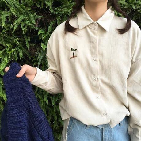 Corduroy Plant Embroidery Long Collar Shirt