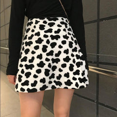 Cow Print Soft Plush High Waist Mini Skirt