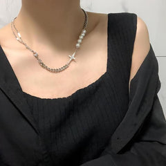 Cross Stitching Grunge Silver Chain Pearl Necklace